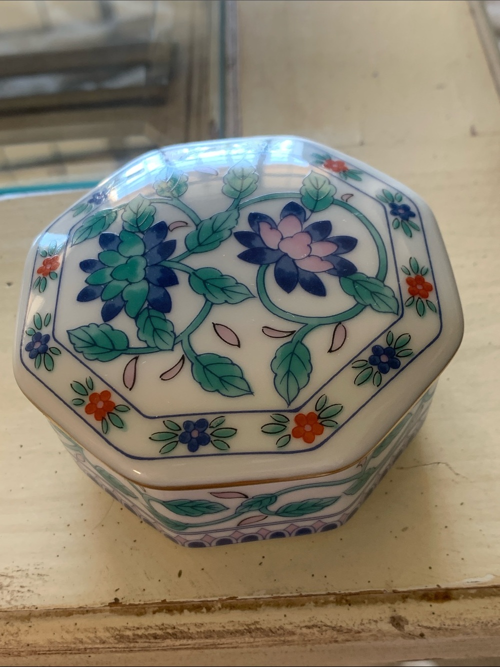Otagiri Japan Floral Trinket Box - Blue, Green, Pink Accents